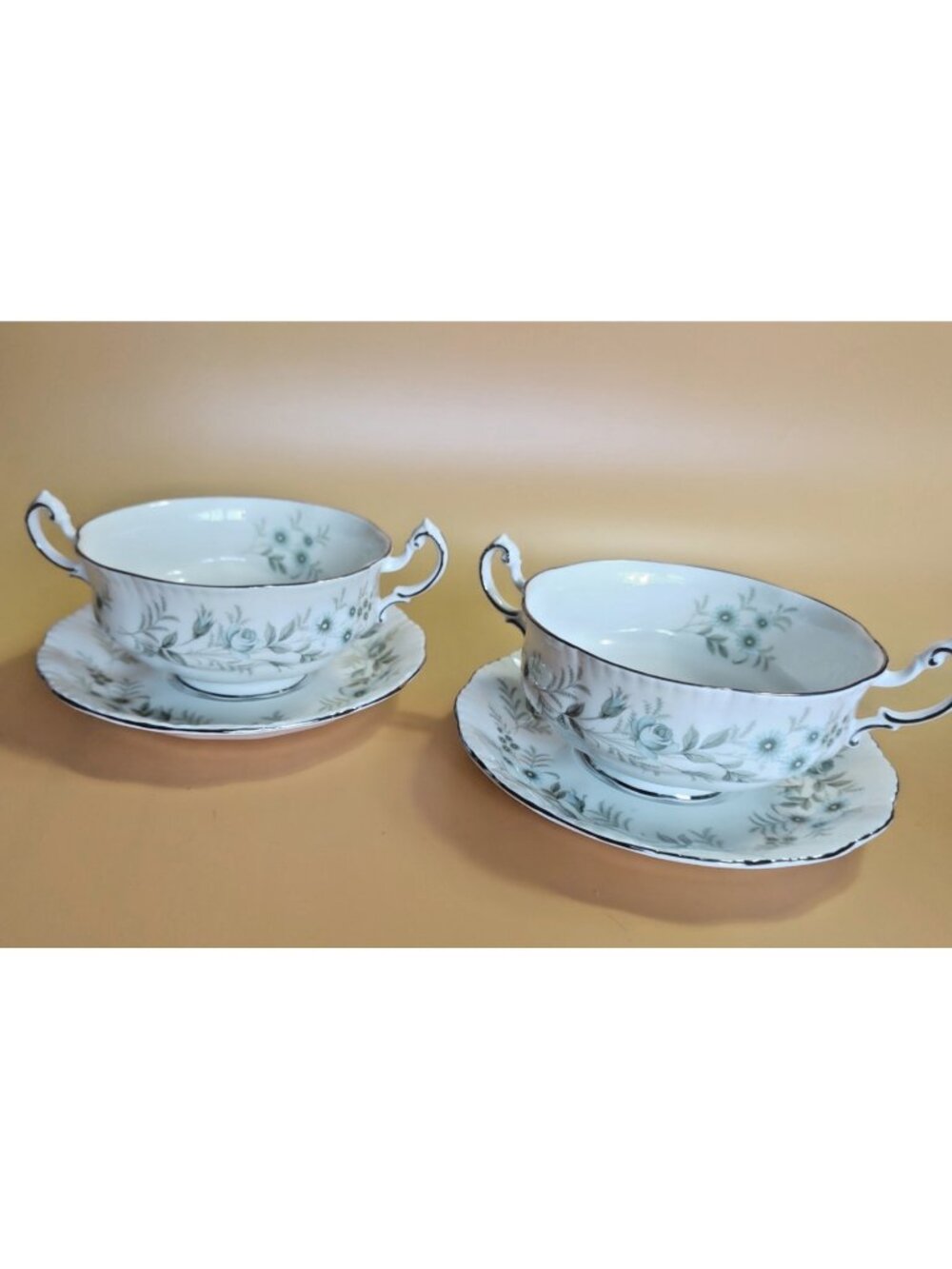 Vintage Paragon Bone China Footed & Handled Soup Bowl & Saucer Sets(2) Debutante